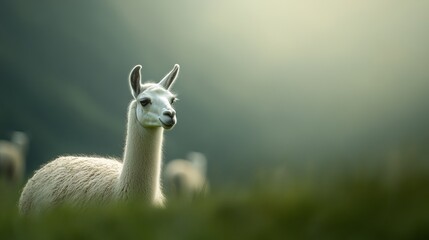 Obraz premium A serene llama gazes into the distance, surrounded by soft green grass and a hazy background, evoking calmness.