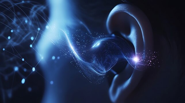 Ear with digital sound wave.