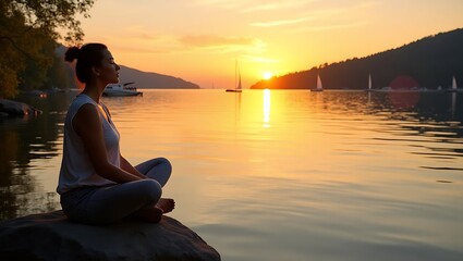 Fototapeta premium Serene sunset meditation by a tranquil lake.