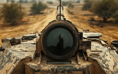 Fototapeta premium Close-up view of a battle-worn tank's optics, reflecting a defiant gesture. A desert landscape stretches into the blurry distance.