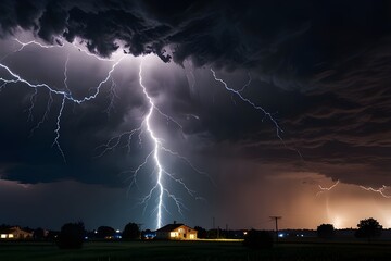 dramatic and powerful tornado. Lightning thunderstorm flash over the night sky. Concept on topic weather, cataclysms (hurricane, Typhoon, tornado, storm). Generative AI