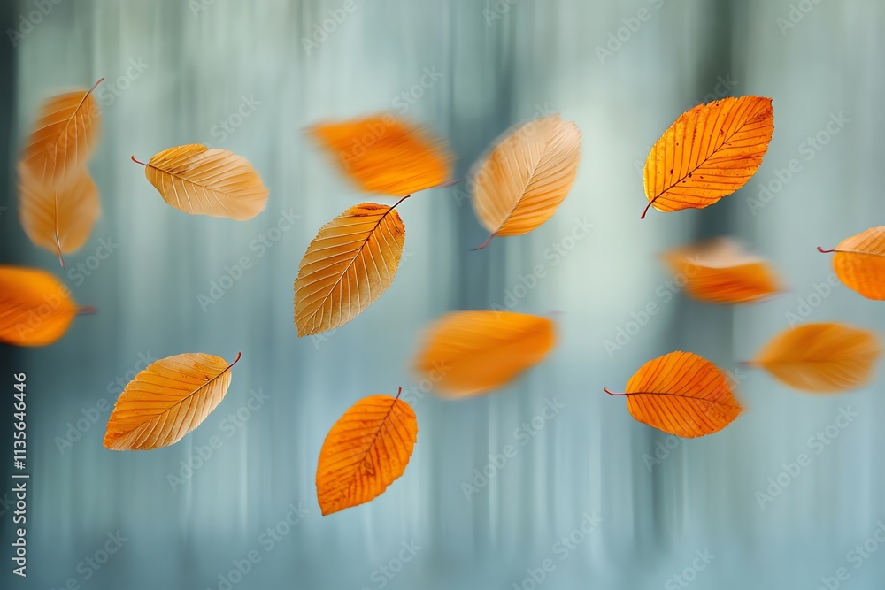 Poster a serene scene of floating autumn leaves against a blurred background.