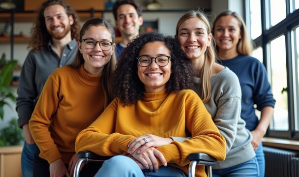 Diverse Group of Young Professionals Smiling Together in Office Setting, Perfect for Team Building and Diversity Initiatives