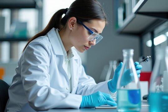 Concentrated female scientist in white lab coat and goggles conducting precise experiment with blue liquid in modern laboratory setting.
