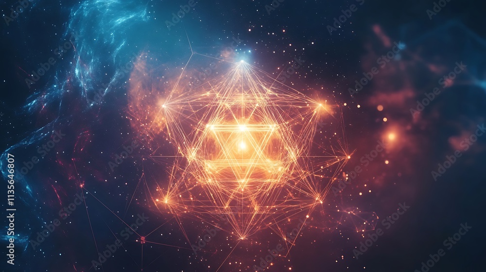 Wall mural cosmic geometry: 3d render of a sacred geometry structure in a nebula. ai generated