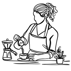A female barista making coffee, wearing an apron, drawn with a single continuous line without lifting the pen