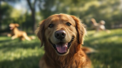 Fototapeta premium A joyful golden retriever dog smiles at the camera in a sunny park, surrounded by fellow dogs playing in the background.