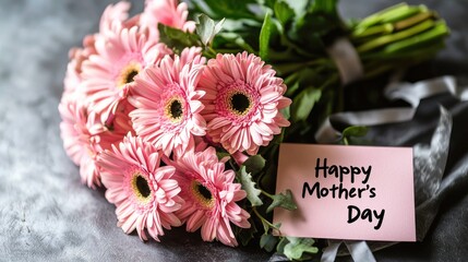 A bouquet of pink flowers and a handwritten "Happy Mother's Day" card on a table
