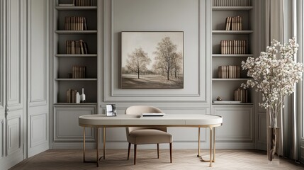 Elegant home office with painting, bookshelves, and desk.