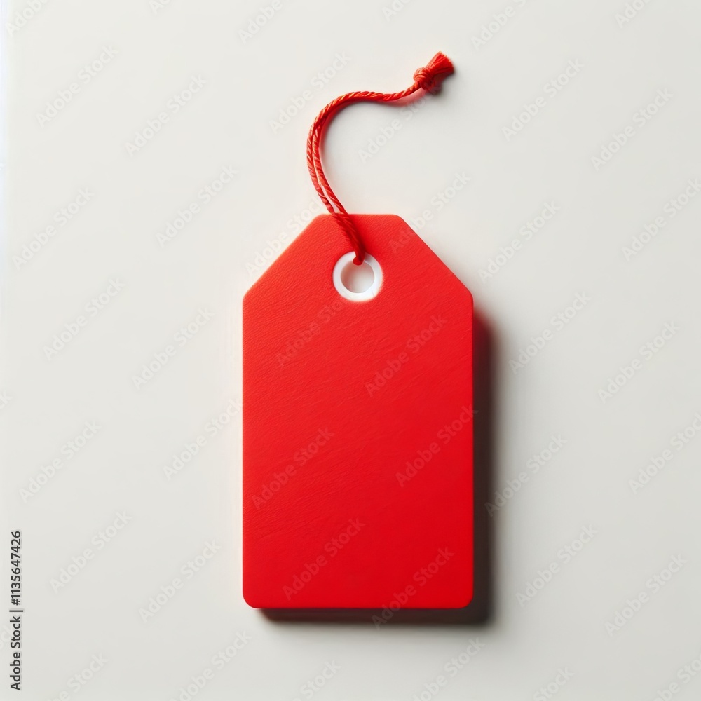Poster blank red price tag with red string on white background