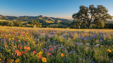 Vibrant wildflowers bloom in a sun-drenched meadow, rolling hills and a majestic oak tree under a clear blue sky.