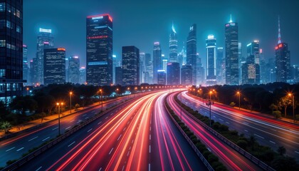 Fototapeta premium Futuristic cityscape at night. High-rise buildings illuminated by neon lights. Traffic motion blurs on highway. Urban development. No people. Panoramic view. Modern architecture. Abstract photo.