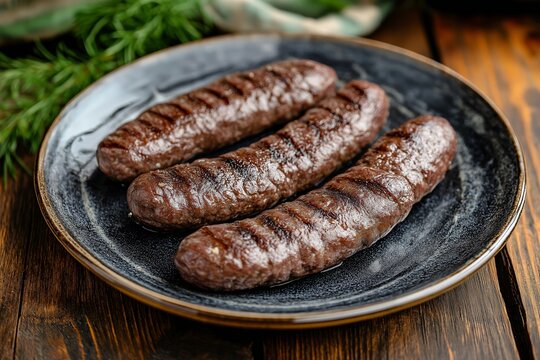 This image features delicious Kebapche (grilled sausage) served on a dark plate, showcasing the juicy texture and perfect grill marks. Ideal for food enthusiasts and culinary projects.