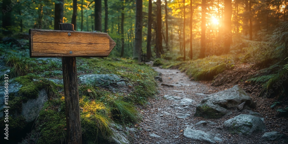 Poster a serene forest path with a wooden signpost and sunlight filtering through the trees.