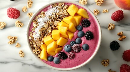 An overhead view of a colorful smoothie bowl made with blended mango, peach, and plant-based protein, topped with fresh berries, shredded coconut, and granola,