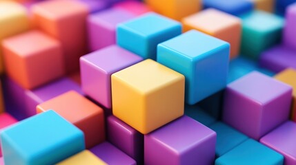 Obraz premium Abstract Colorful Cube Composition: A vibrant 3D rendering of interlocking cubes in various pastel shades, creating a dynamic and visually appealing abstract art piece.