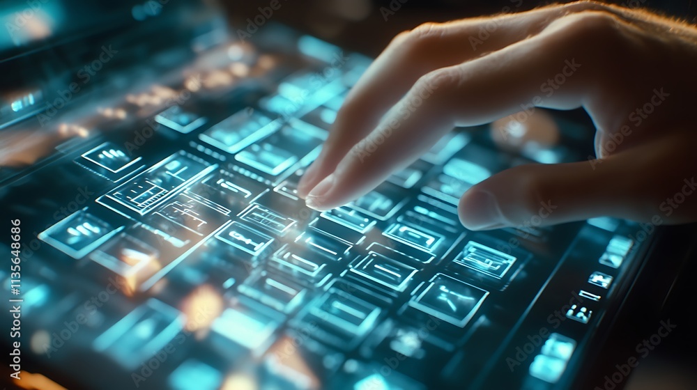 Aufkleber hand interacts with futuristic touchscreen display, finger tapping on interface.