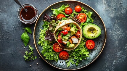 An overhead view of a wholesome lunch featuring a whole-grain wrap stuffed with turkey, avocado, and mixed greens, served on a ceramic plate with a side of cherry tomatoes and dipping sauce,
