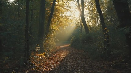 Obraz premium Sunlit Autumn Forest Path: A Misty Morning Scene. AI Generated