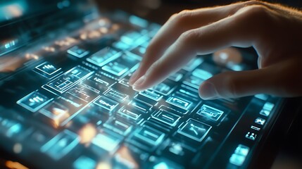 Hand interacts with futuristic touchscreen display, finger tapping on interface.