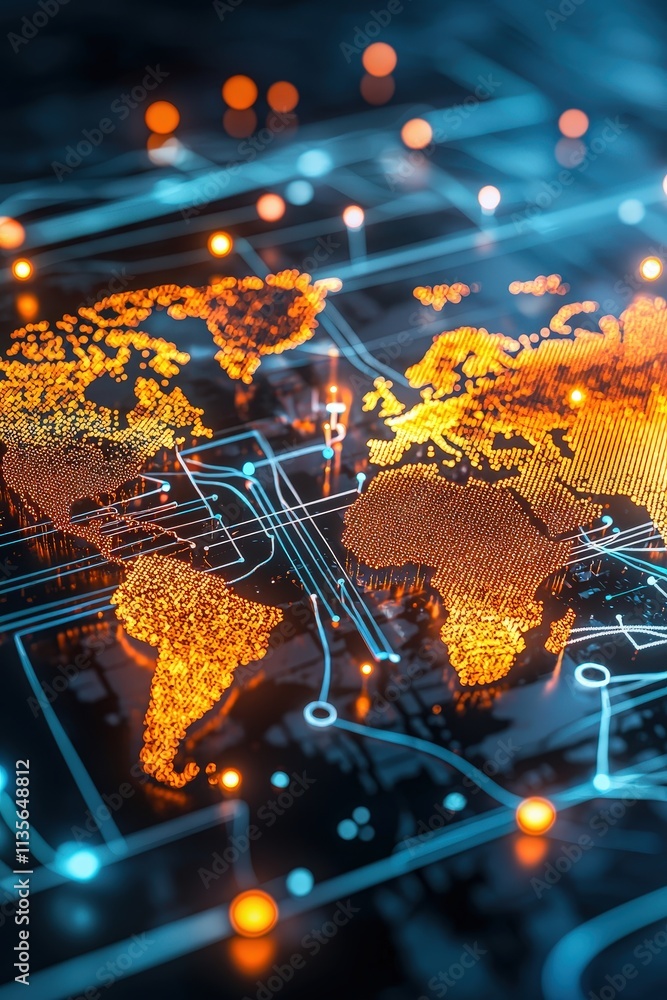 Poster a world map glowing with interconnected shopping networks.