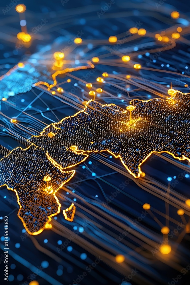 Poster a world map glowing with interconnected shopping networks.