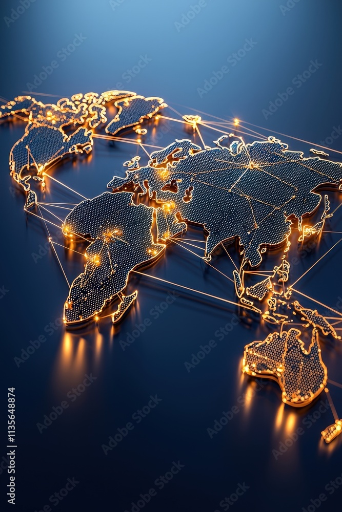 Poster a world map glowing with interconnected shopping networks.