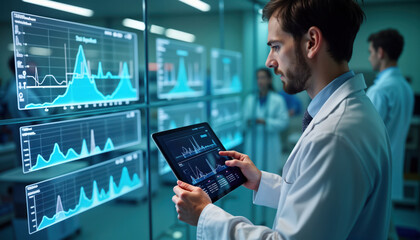 Doctor in lab analyzes medical data on tablet. Holographic displays show charts. Modern tech lab environment. Healthcare, medical research. Medical professional uses advanced tech for diagnosis.