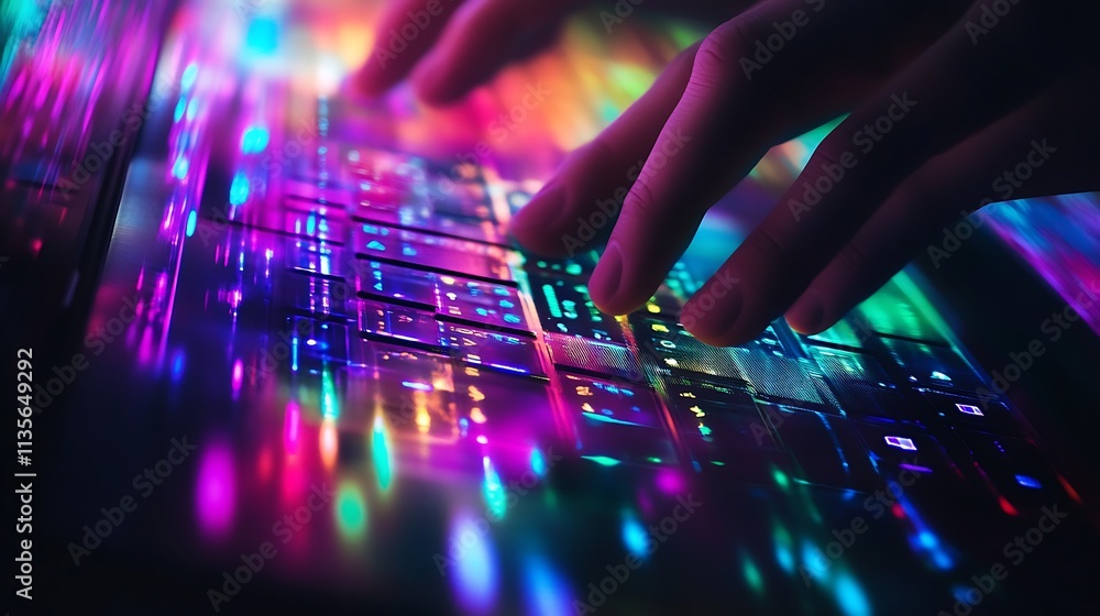 Poster hands type on glowing keyboard.
