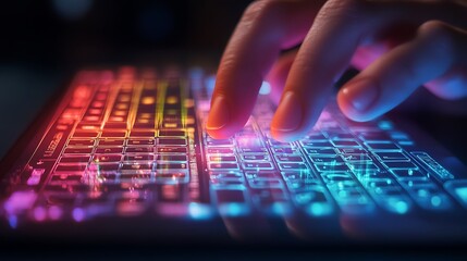 Obraz premium Hands typing on glowing multicolored keyboard, digital technology.