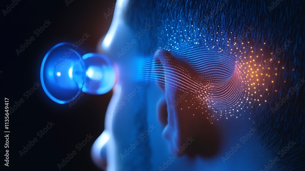 Poster head with ear device emitting glowing stream of particles.