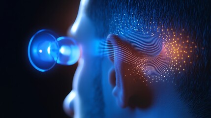 Head with ear device emitting glowing stream of particles.