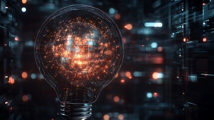 Glowing Digital Lightbulb: A Futuristic 3D Render of Innovation. AI Generated