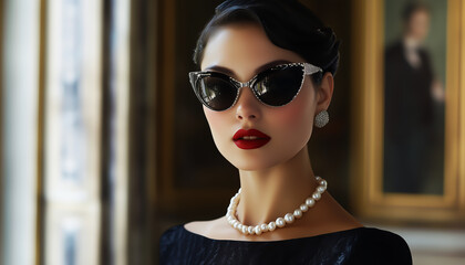 A sharp pencil dress styled with pearl necklaces and cat-eye sunglasses.  Generative AI.