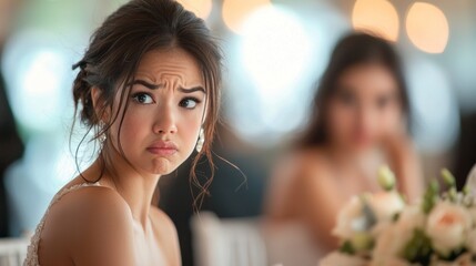 A bride looking unhappy while watching another bride receive compliments at a wedding. - obrazy, fototapety, plakaty