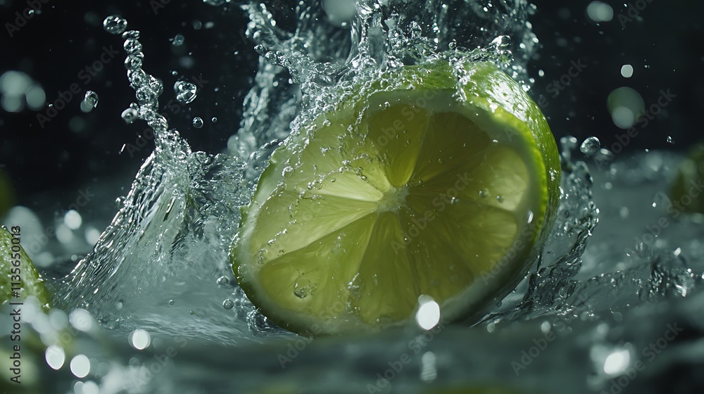 Poster lime slice dropping into water creating splash against dark background.