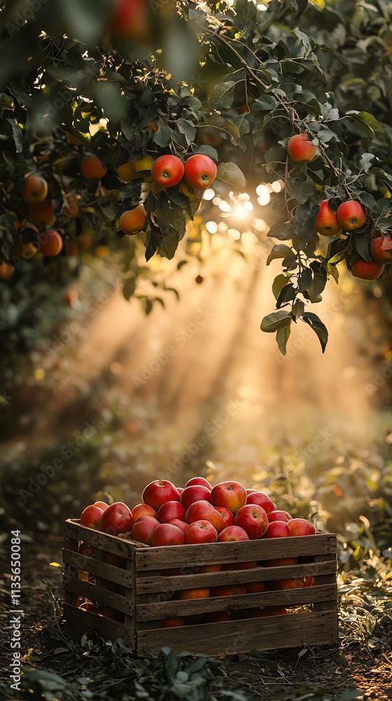 Poster a serene orchard scene with sunlight filtering through trees, highlighting a crate of apples.
