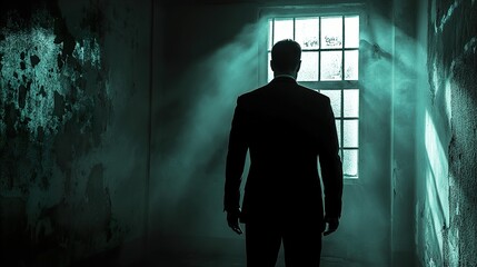 Solitude and Contemplation: A Man's Silhouette in a Dark Room