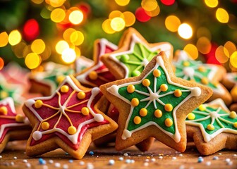 Christmas Star Cookies Close-Up, High Depth of Field, Festive Holiday Treats