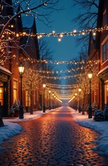 Naklejka premium Festive winter evening scene in decorated street. Warm Christmas lights illuminate cobblestone path. Snowy sidewalks, trees decorated. Elegant, beautiful illustration captures peaceful festive