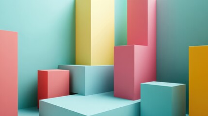 Abstract Colorful Geometric Shapes Composition: Pastel Cubes and Rectangular Prisms in a Modern Minimalist Design