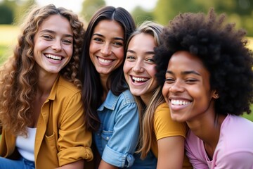 Fototapeta premium Four Joyful Young Women Smiling Together Outdoors - Perfect for Social Media, Advertising, and Friendship Campaigns