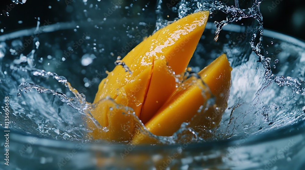 Poster mango slices splashing into water with motion and dark background.