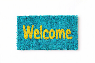 A teal blue doormat with "Welcome" written in the middle of it. (Generative AI)