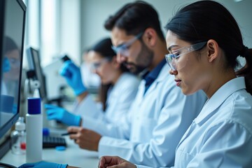 Fototapeta premium Focused Scientists in White Lab Coats Working on Computers in a Collaborative Laboratory Setting, Ideal for Science and Technology Themed Content