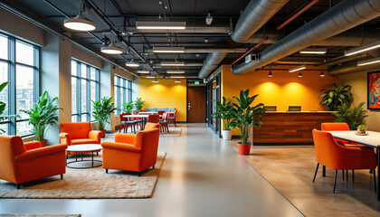 Modern office space features vibrant orange furniture, yellow walls. Collaborative areas, hot desks visible. Plants add touch of nature. Reception desk present. Space stylish, inviting. Dynamic