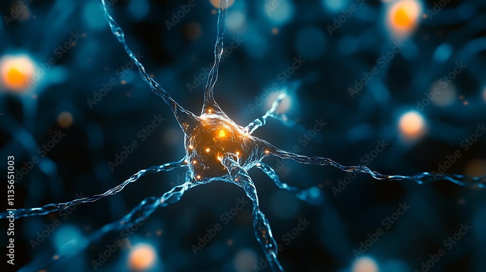 Aufkleber neural network with glowing connections, bokeh background.