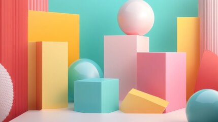 Obraz premium Abstract Pastel Geometric Composition: A vibrant display of pastel spheres and colorful geometric shapes create a playful and modern aesthetic.