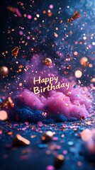 A vibrant birthday-themed image with colorful clouds and confetti celebrating a special occasion.