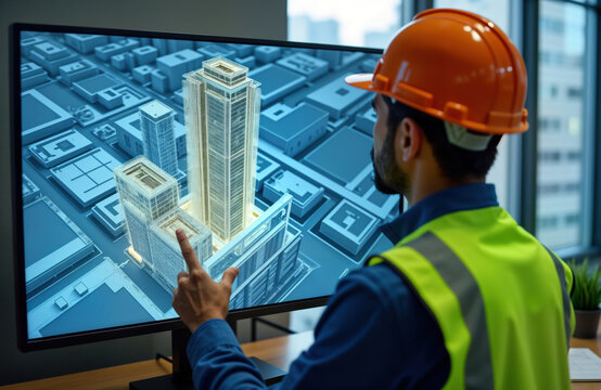 Engineer examines digital twin of construction project on computer screen. Advanced modeling software visualizes building structures. Collaboration, planning crucial for innovative construction. BIM